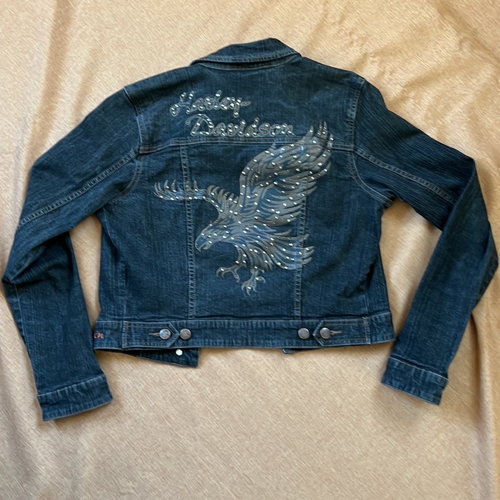 Vintage Harley Davidson Denim Jean Jacket Bling Eagle Bomber Crop Size Medium